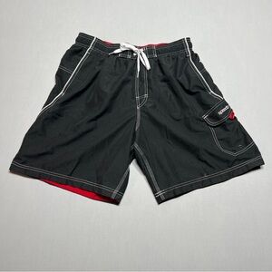 Speedo Shorts Mens Large Black Red Swimming Trunk Bathing Suit Surfing Lined